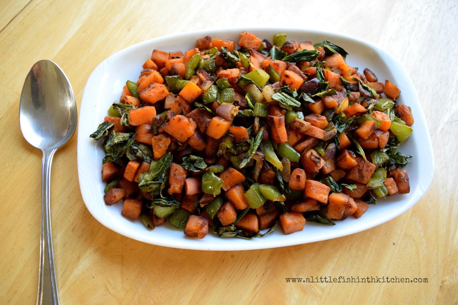 close up shot of collard green and sweet potato hash