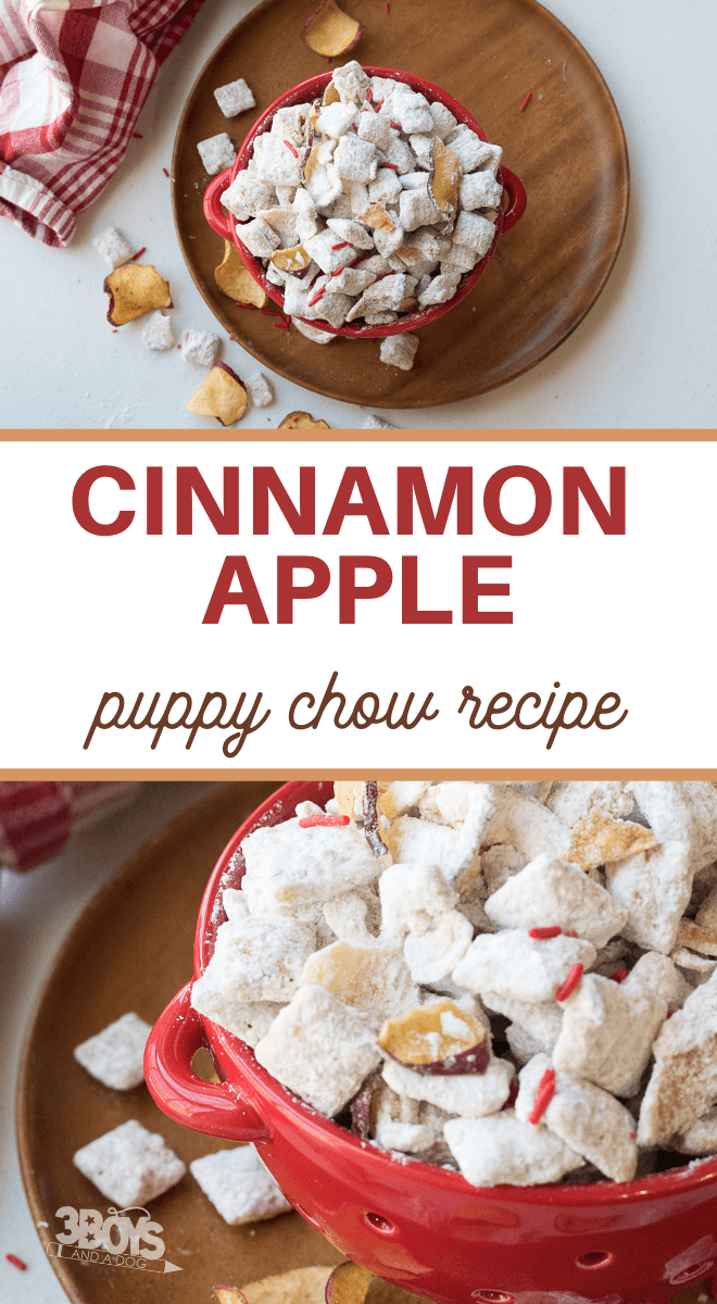 Ingredients for apple crisp puppy chow on a kitchen counter