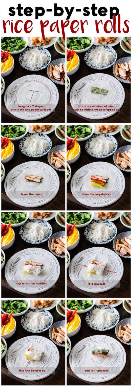 Step-by-step photos showing the process of assembling the Rice Riot Wrap, from spreading the cream cheese to layering the ingredients.