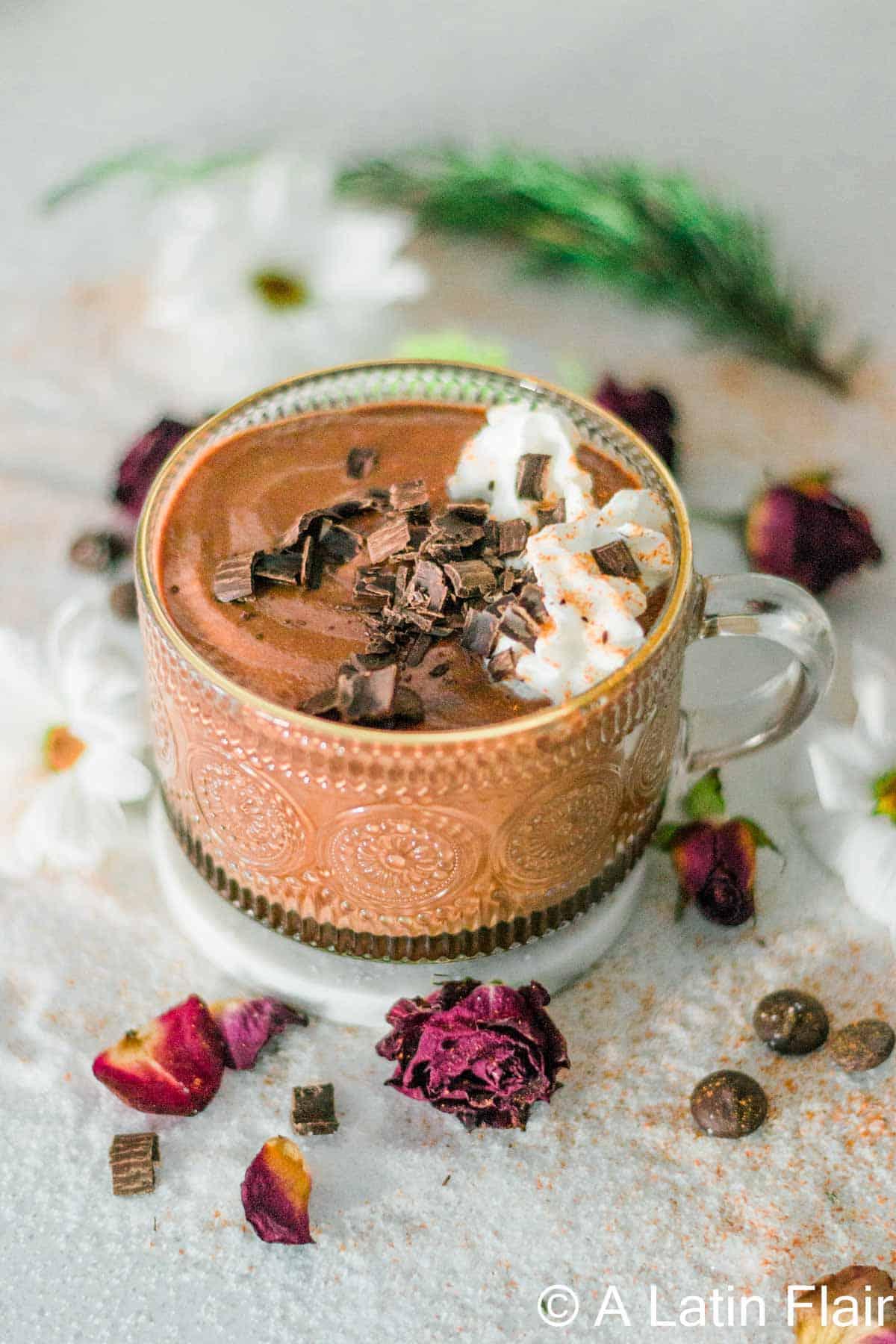 steaming mug of hot chocolate with a sprinkle of cayenne pepper