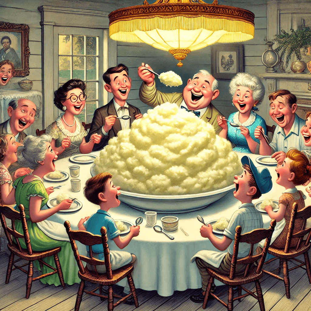 Vintage photo of a family dinner table with a bowl of mashed potatoes at the center, warm lighting