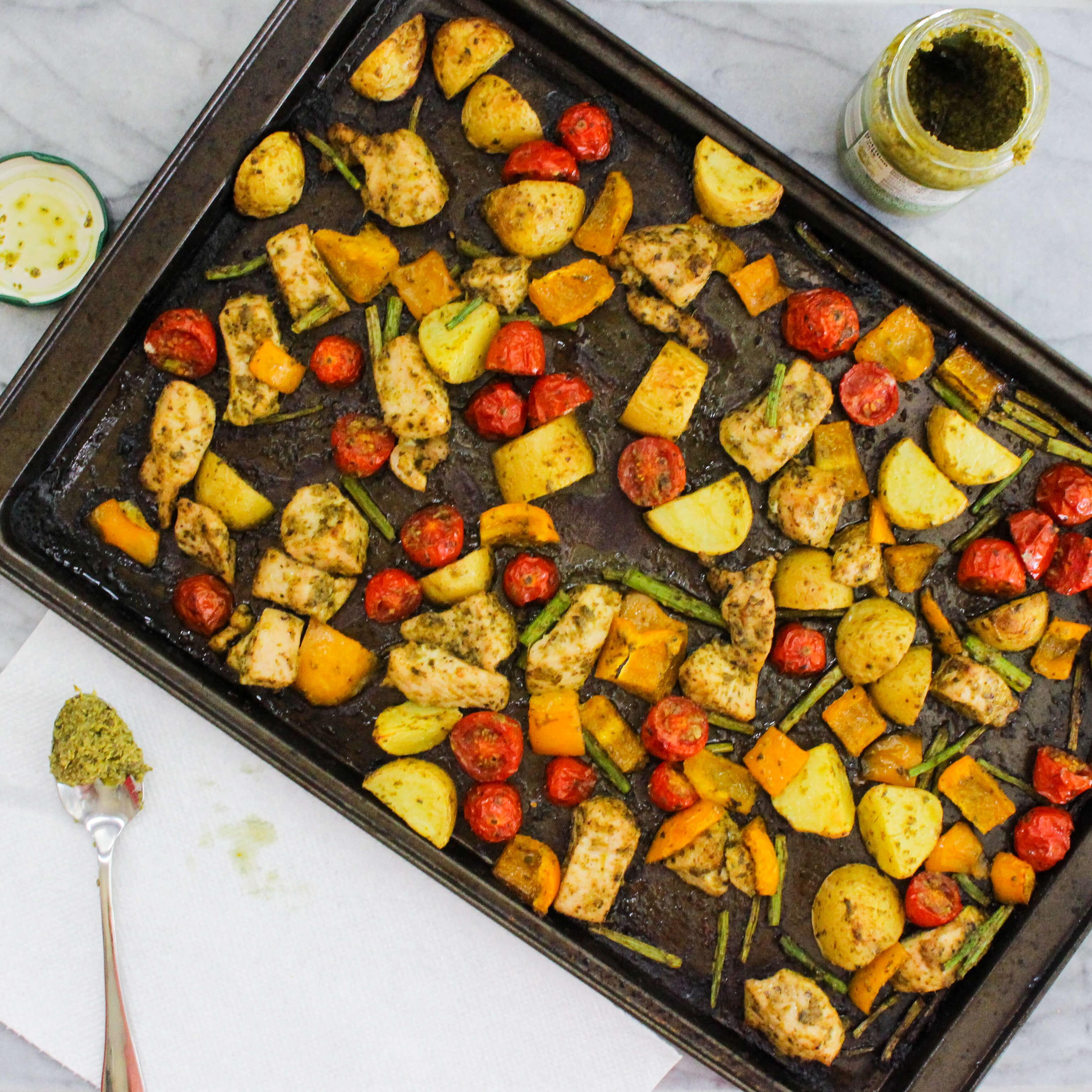 Close up of Sheet Pan Pesto Chicken and Vegetables