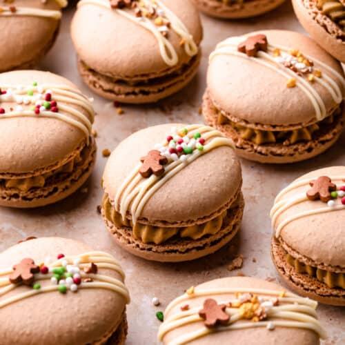 gingerbread macarons on a festive holiday plate