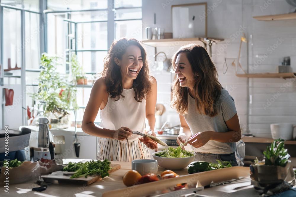 two friends laughing while preparing gluten-free pasta together in a kitchen