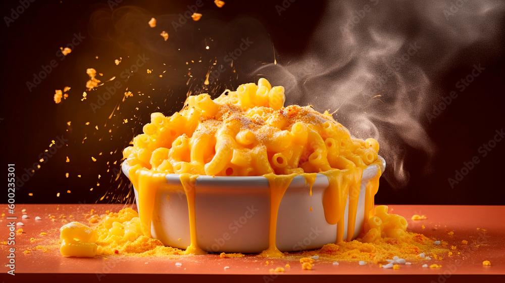 close-up of a steaming bowl of creamy mac and cheese, perfectly golden