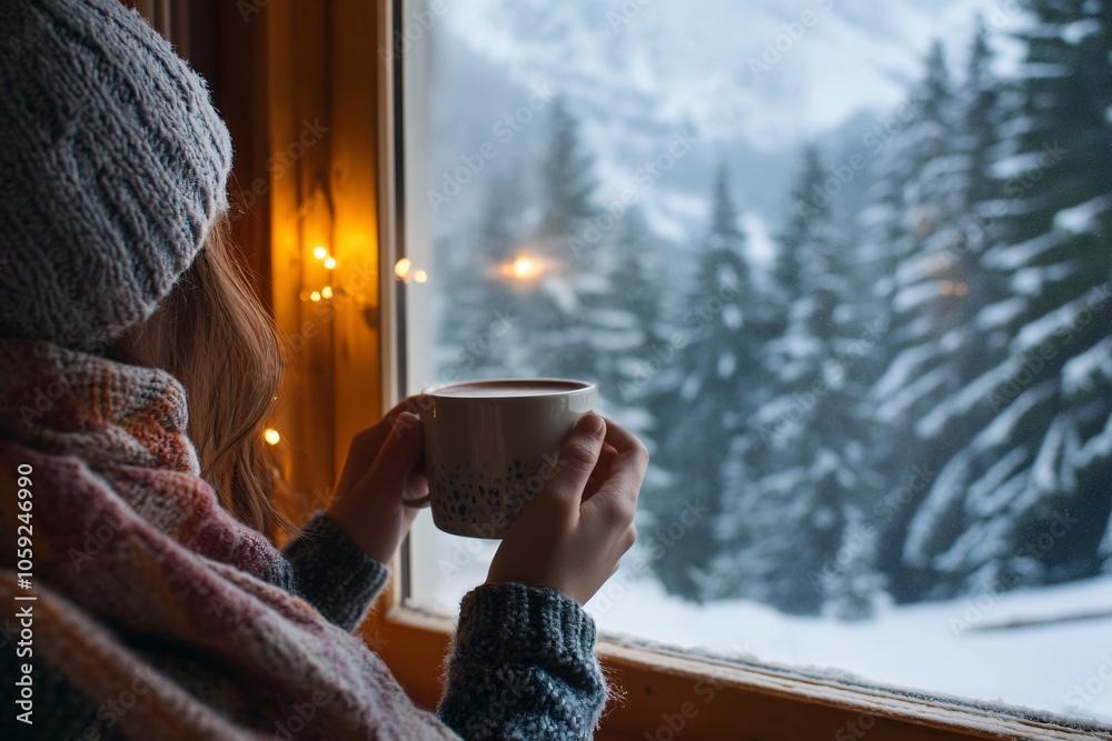 person holding a mug of peppermint hot chocolate, smiling and looking out a window at a snowy scene