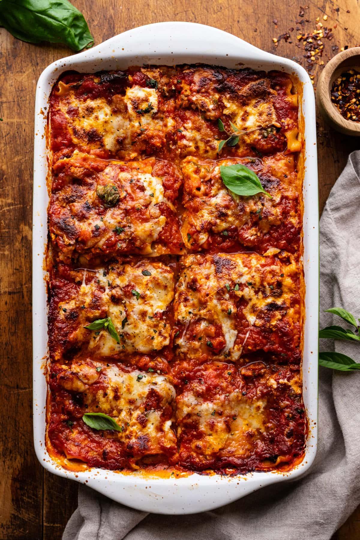 spicy Italian sausage lasagna with jalapeños fresh out of the oven