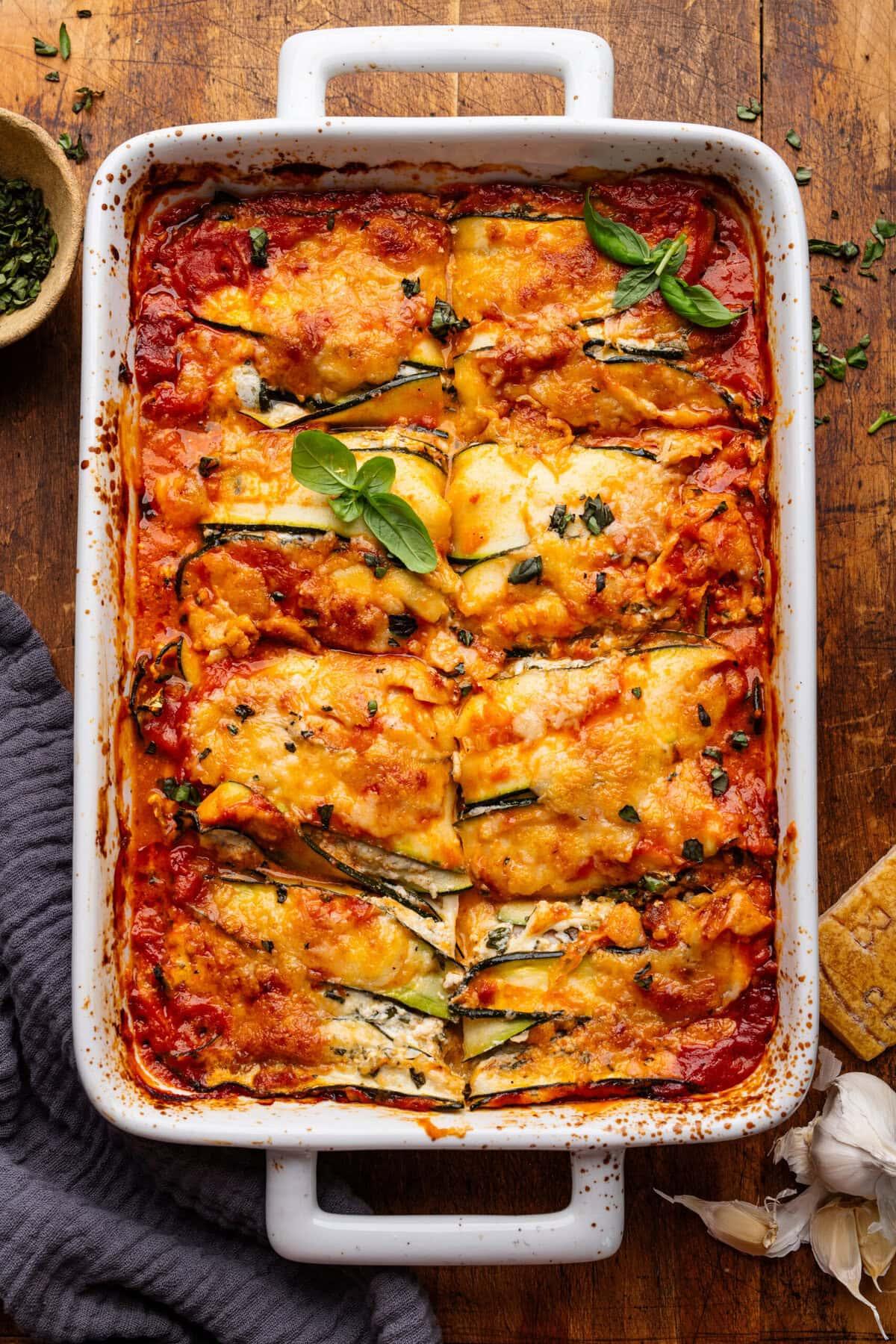 Layered zucchini lasagna in a baking dish