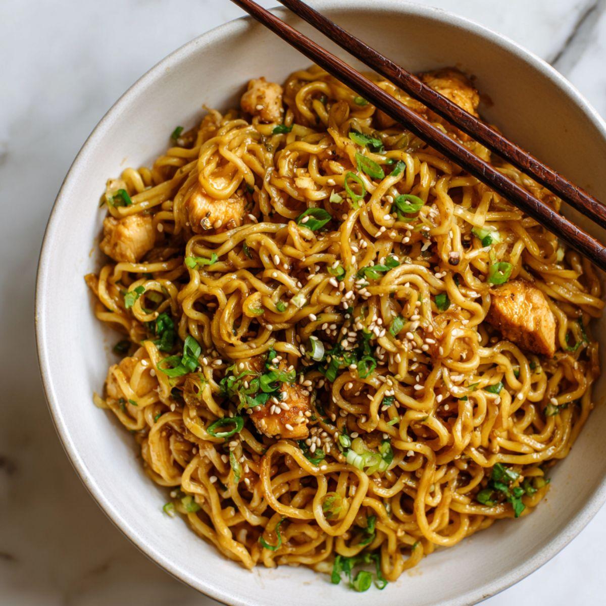 overhead shot of glossy sticky garlic chicken noodles in a bowl with chopsticks, steam rising, garnishes of green onions and sesame seeds