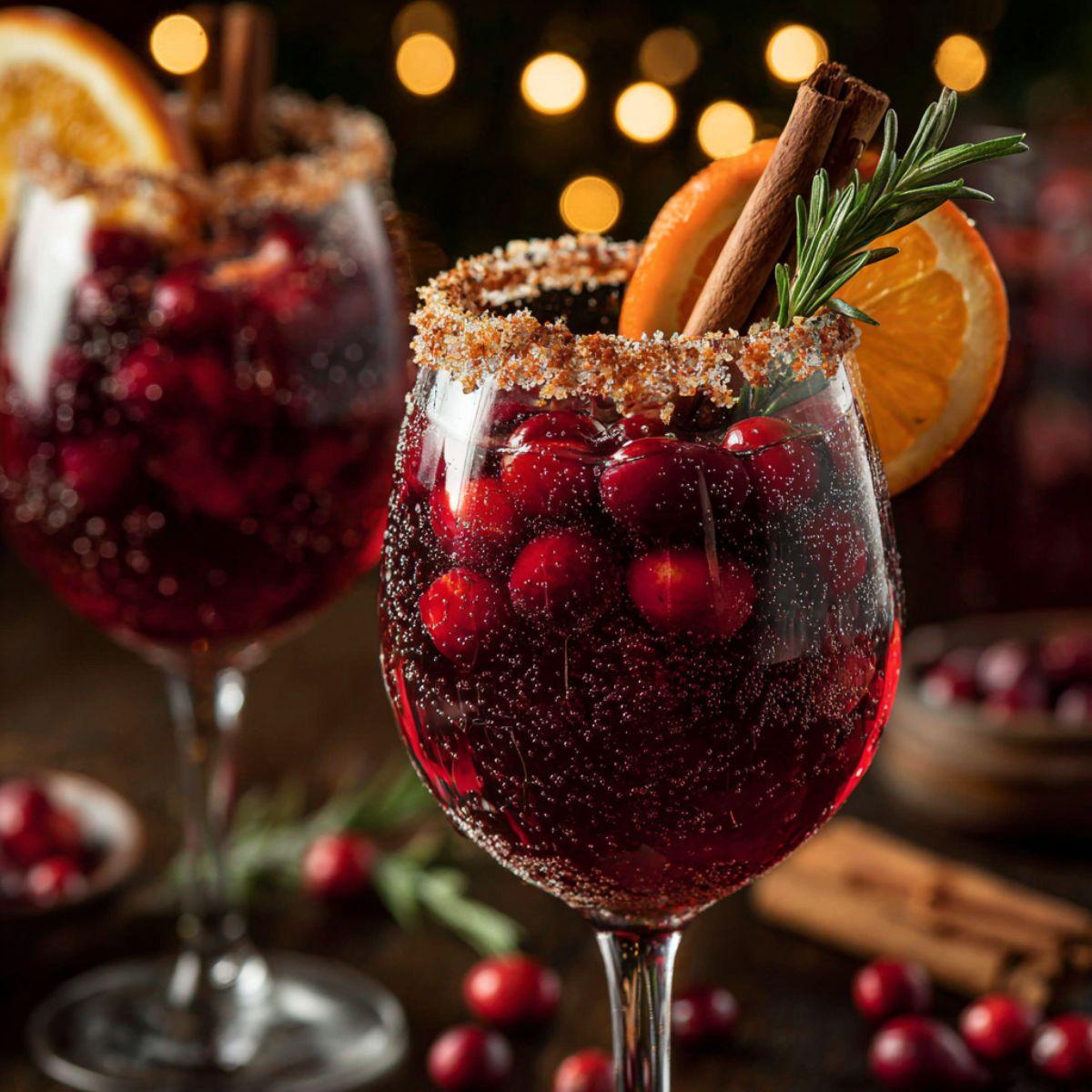 Vibrant ruby red sangria with festive garnishes in crystal glasses, holiday party background, warm lighting
