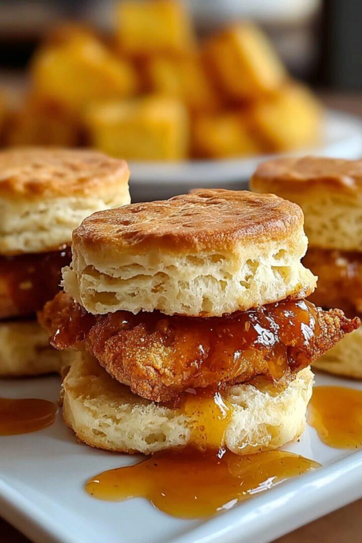 Golden crispy hot honey fried chicken biscuit sandwich with a vibrant sweet heat drizzle, close-up, fluffy biscuit, comfort food