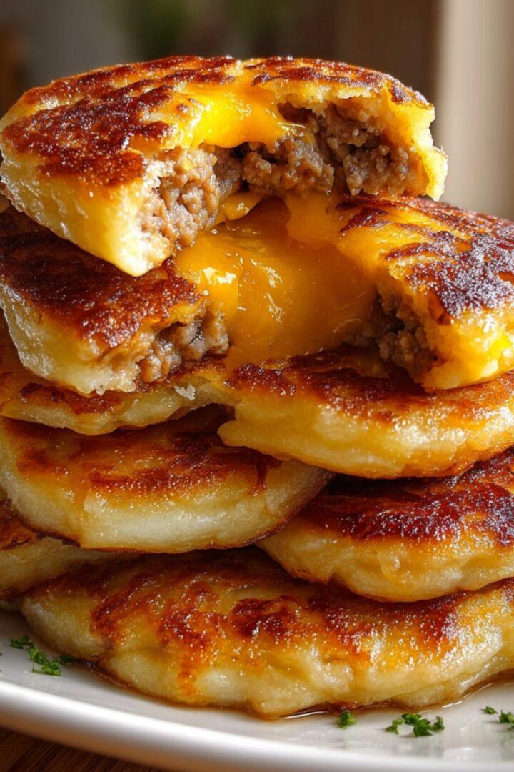 Close-up of golden brown McGriddle bites with syrup drizzle and crumbled sausage, on a rustic breakfast table