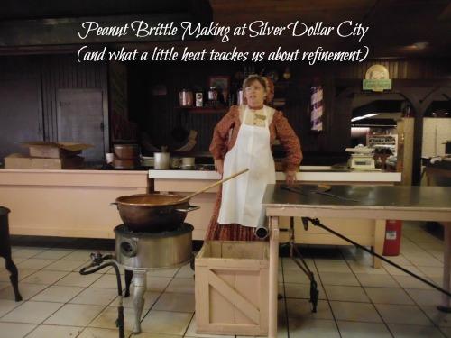 Vintage kitchen with a woman making peanut brittle, warm lighting