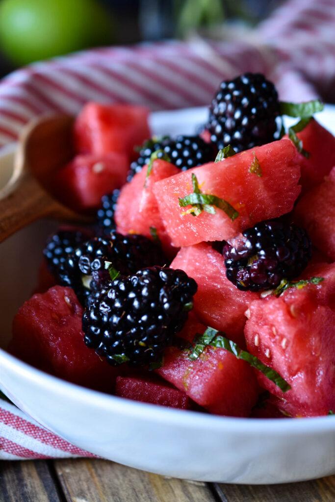 Close-up of a bowl of Watermelon & Blackberry Salad, highlighting the vibrant colors and textures