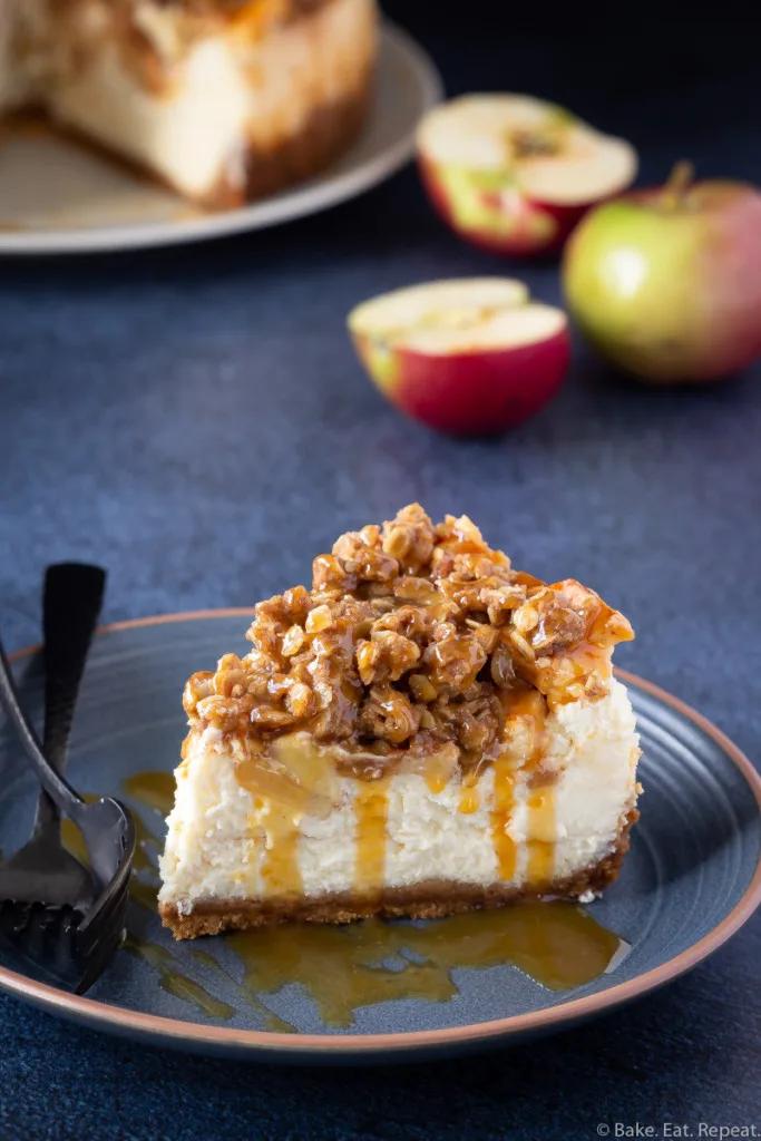 Close-up of the finished Apple Crisp Cheesecake