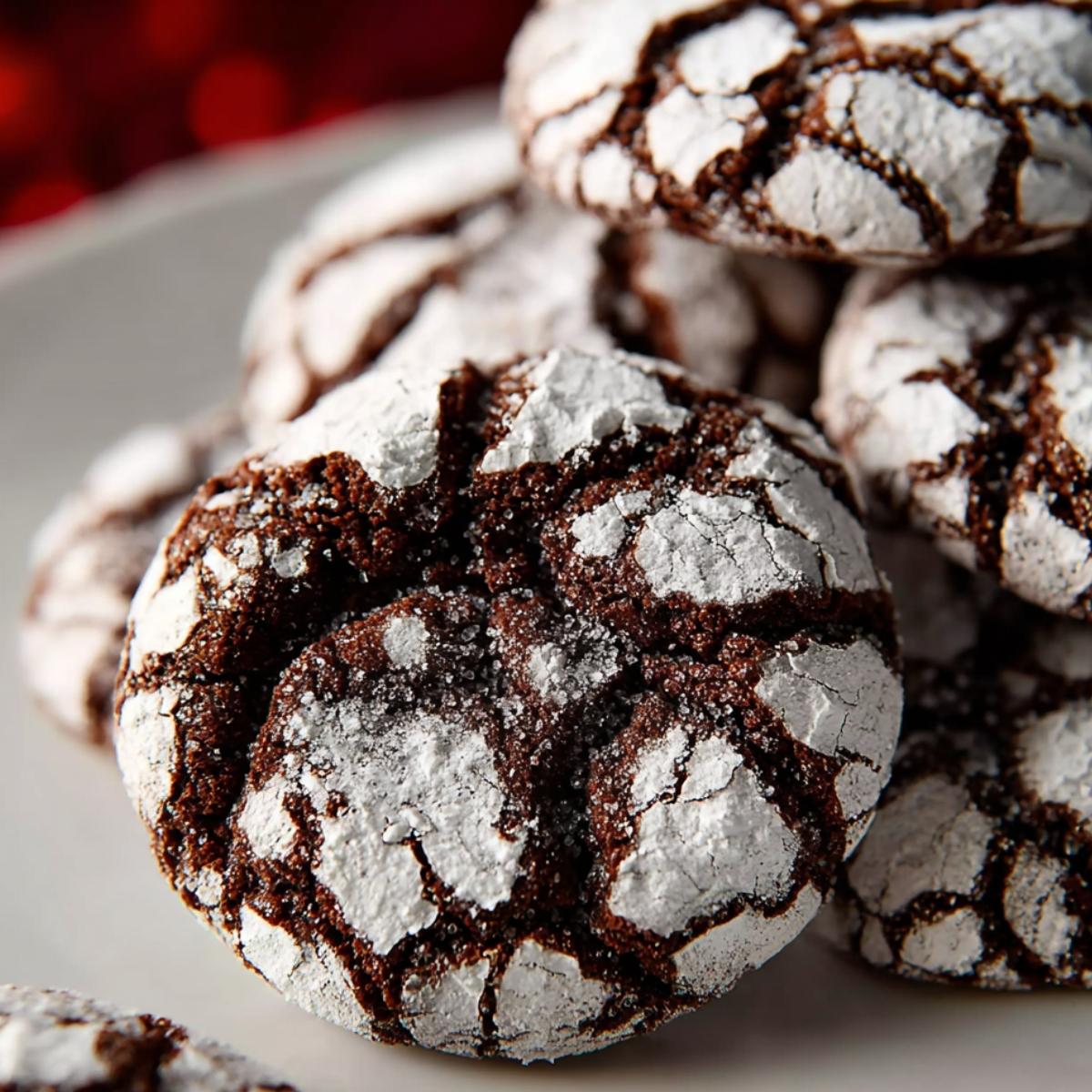 close-up of a perfectly baked chocolate crinkle cookie with visible cracks