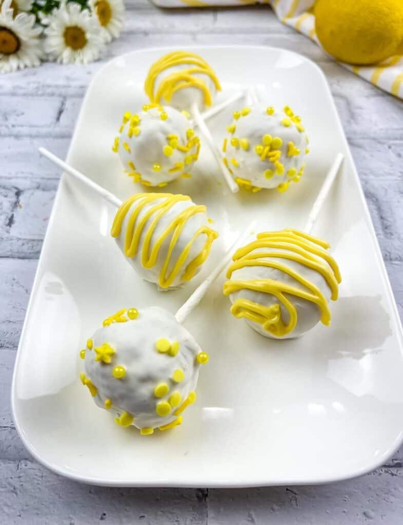 close-up of a platter of lemon thyme cake pops