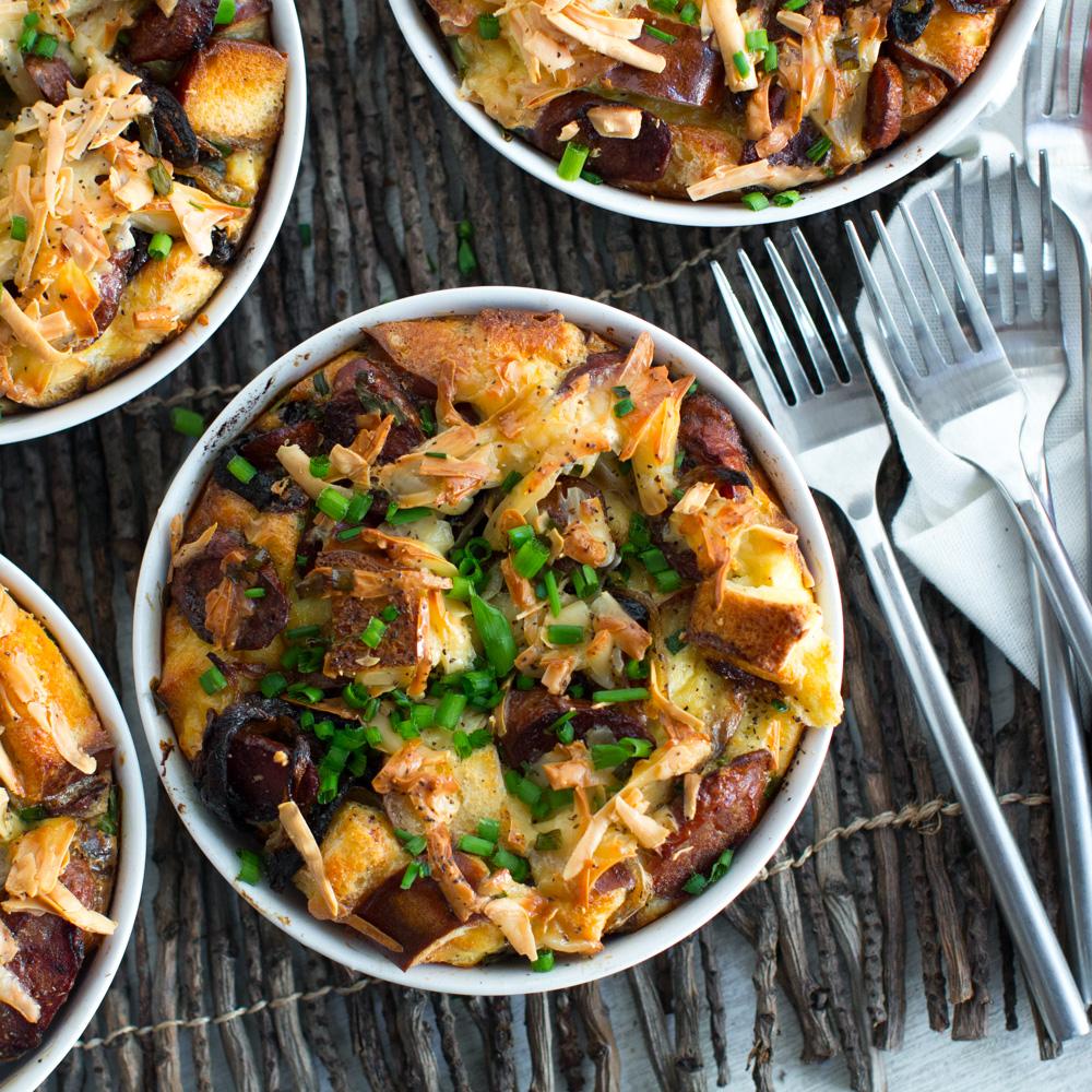 Beer-Pretzel Strata with Sausage and Eggs, golden and bubbly