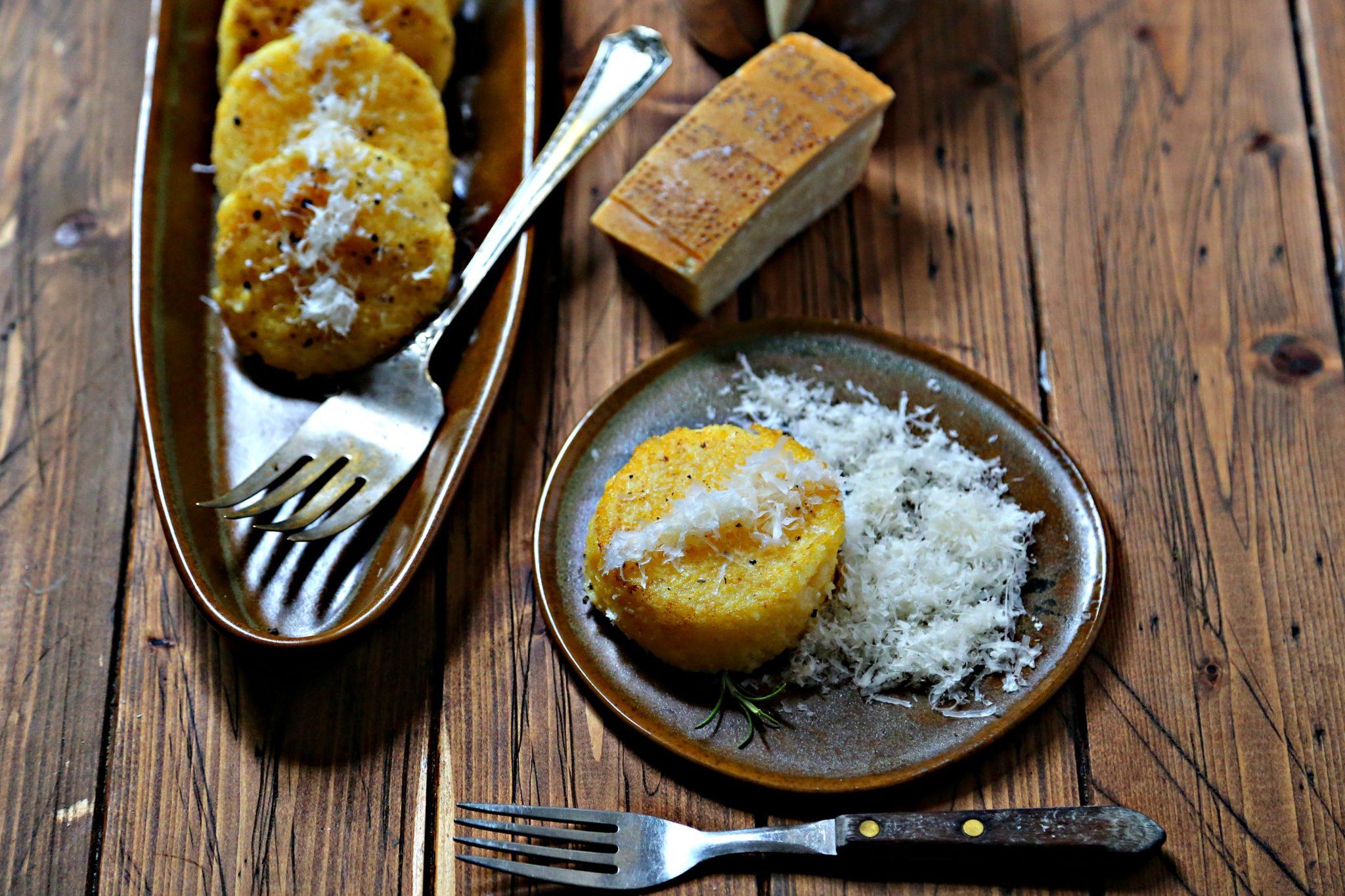 ingredients for polenta cakes on a kitchen table