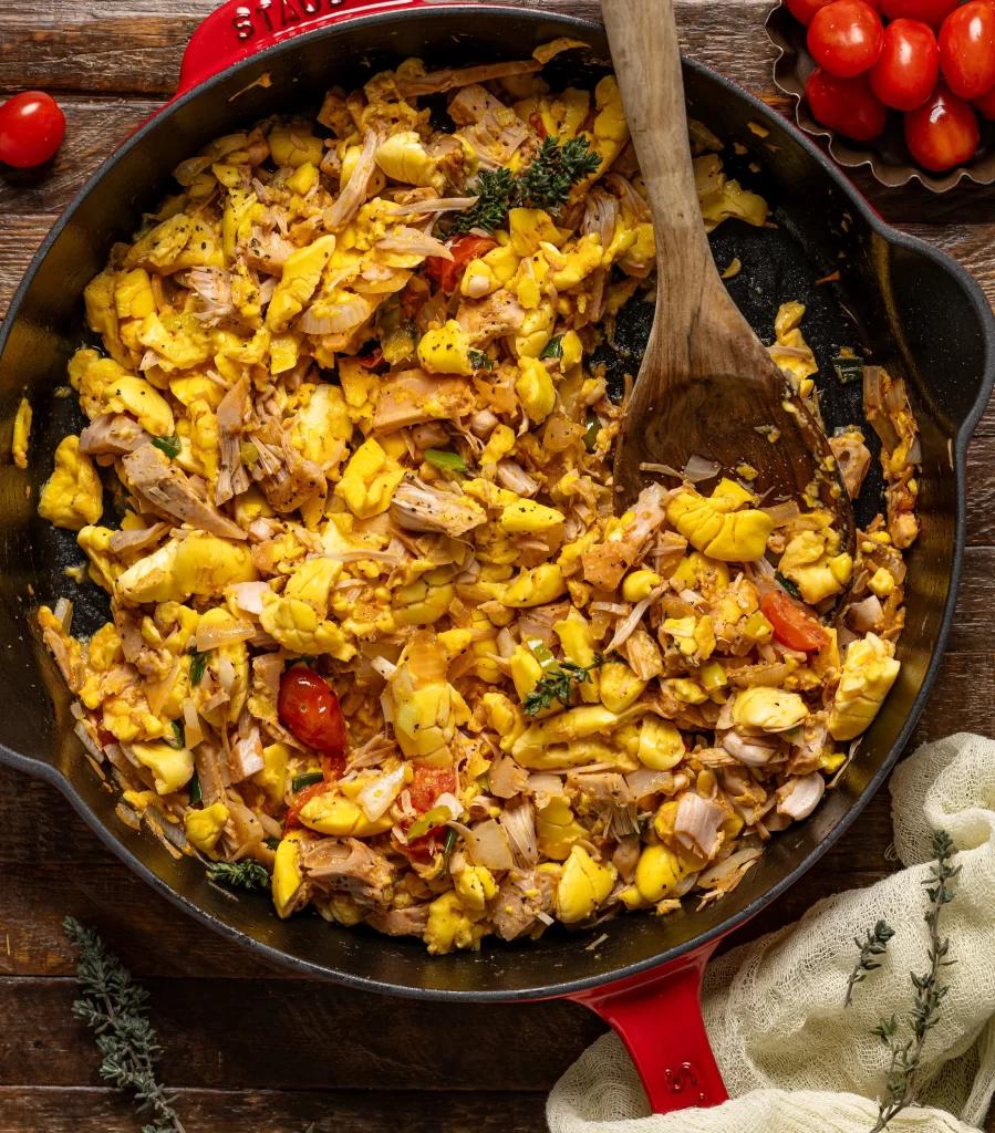 saltfish and ackee roti breakfast bowl