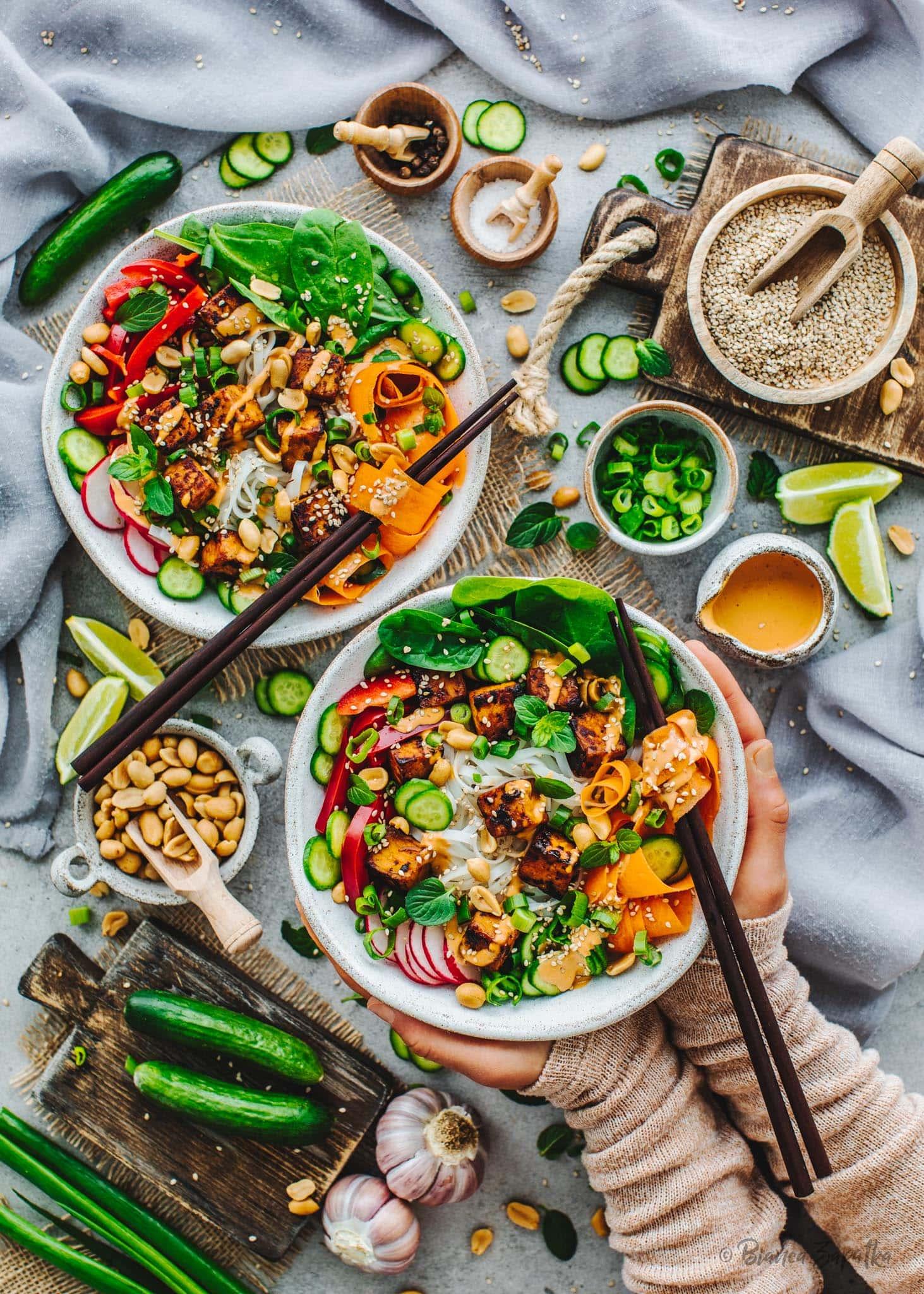 bowl of spicy peanut tempeh and rice noodles