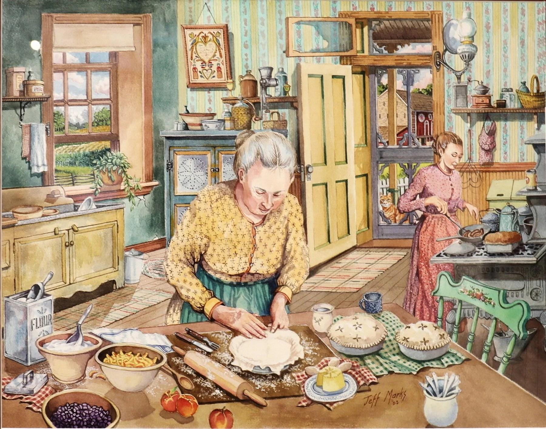 vintage kitchen scene, grandmother and child, corn casserole on table