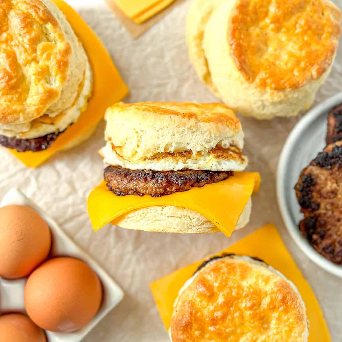 Assembling Sunrise Biscuit Breakfast Bake in a baking dish with sausage, eggs, cheese, and biscuit pieces