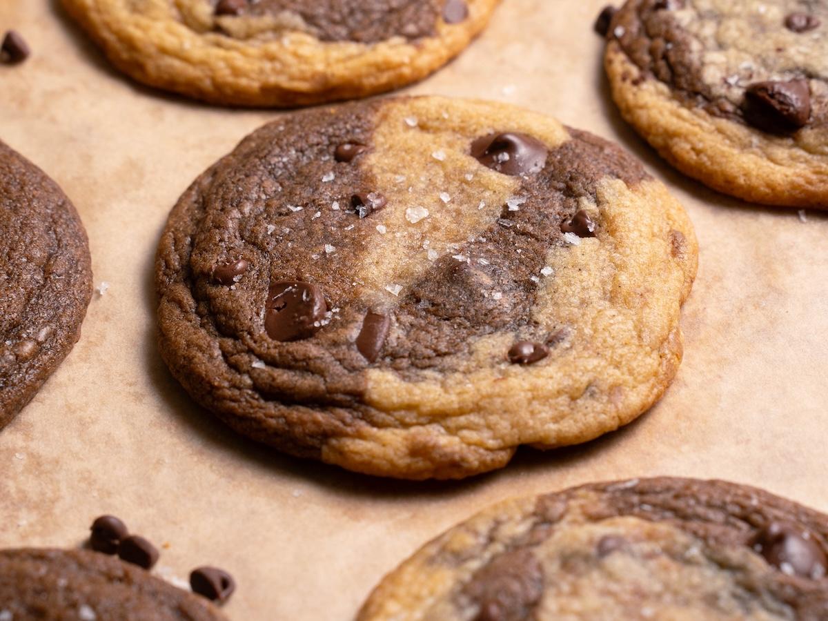 close-up shot of chewy chocolate marble cookies on a cooling rack, freshly baked
