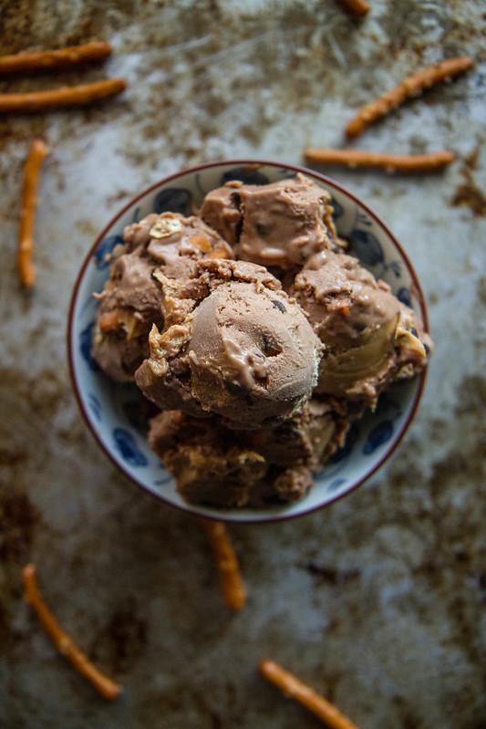 scoops of peanut butter pretzel ice cream in a bowl