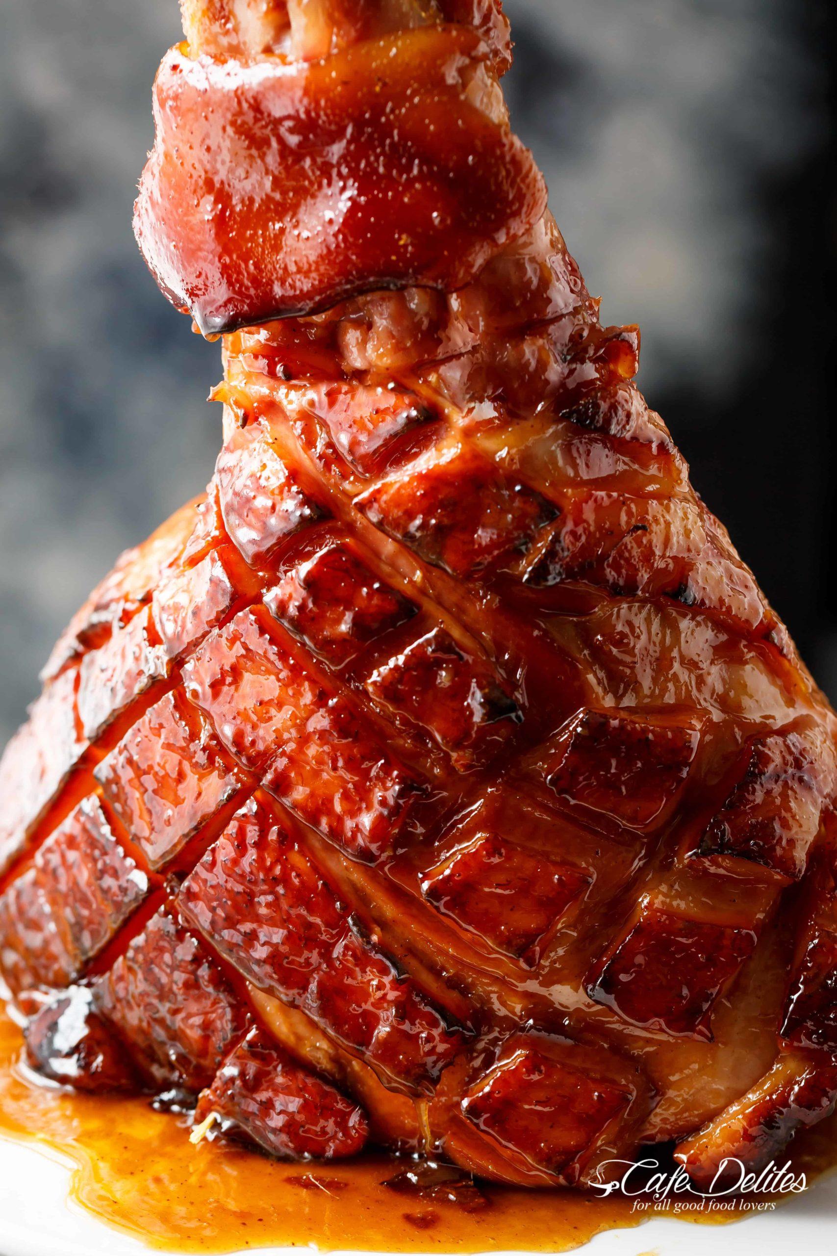 Close up of a perfectly glazed Christmas ham
