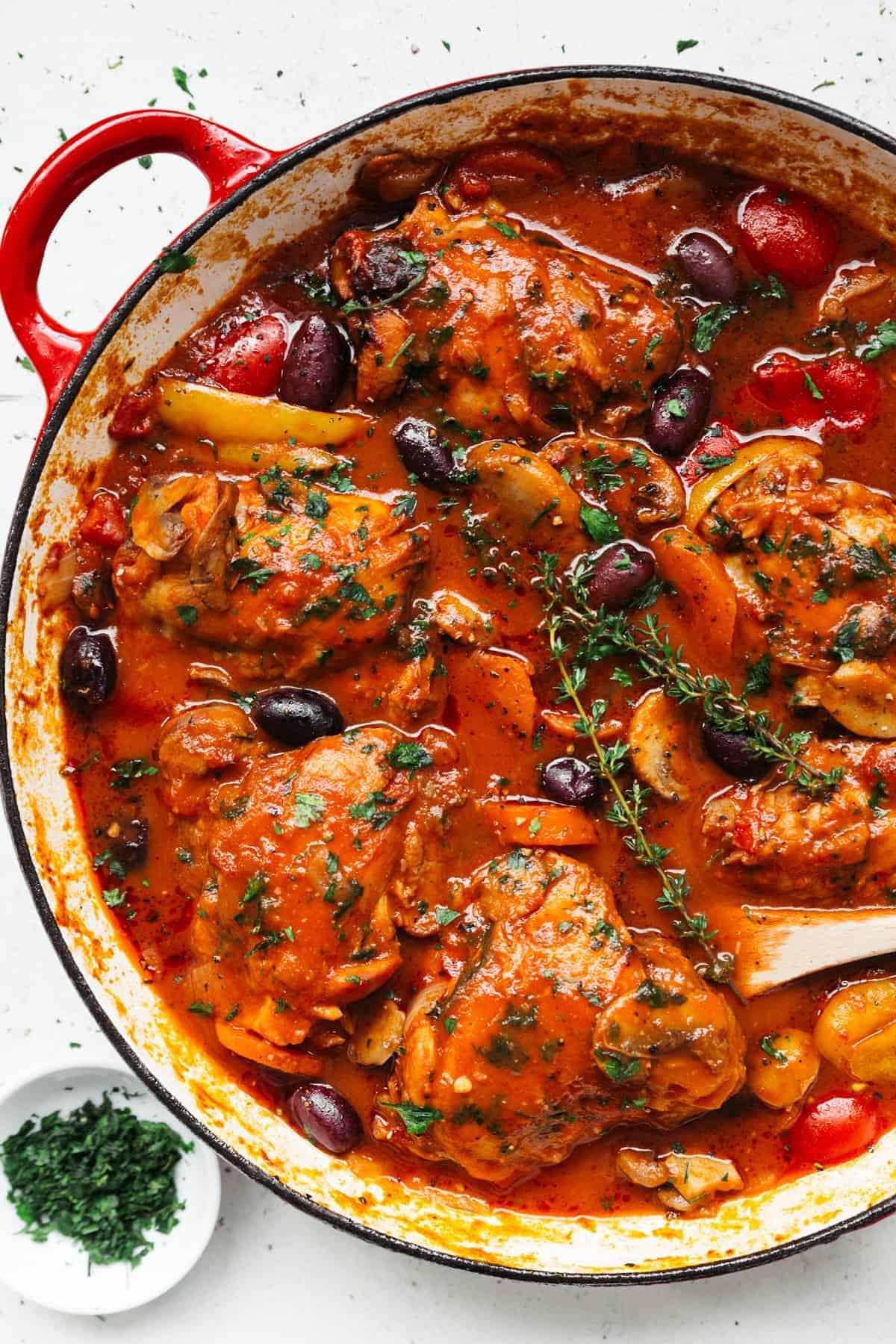 Pressure Cooked Chicken Cacciatore served in a rustic bowl