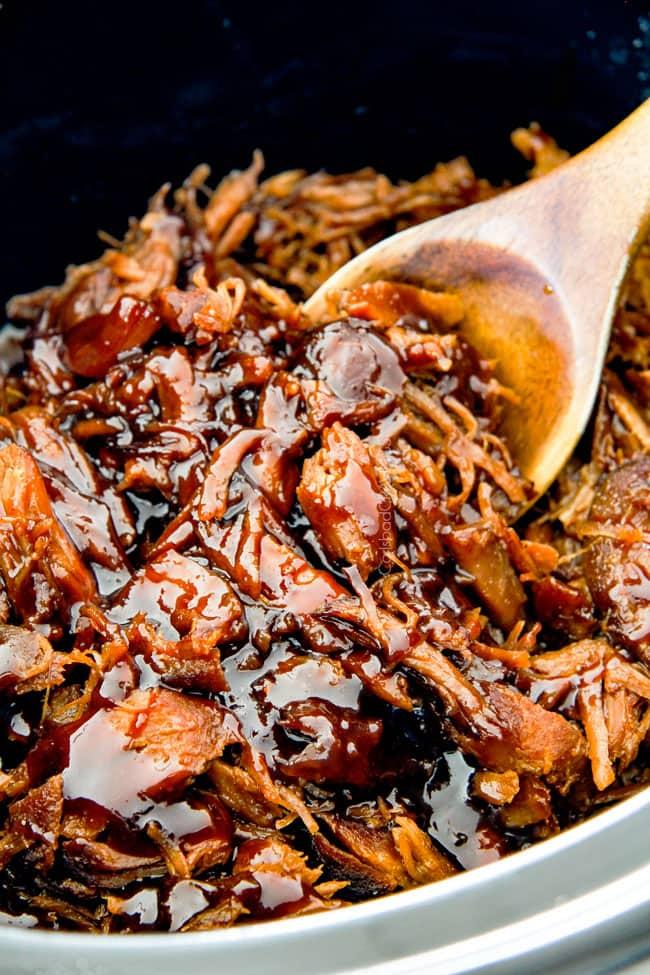 close up of slow cooker with spicy korean pulled pork