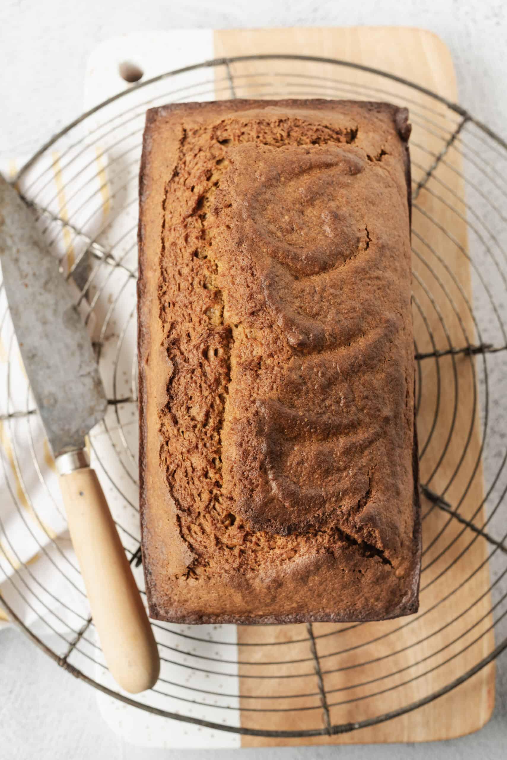 a loaf of freshly baked pumpkin bread cooling on a wire rack