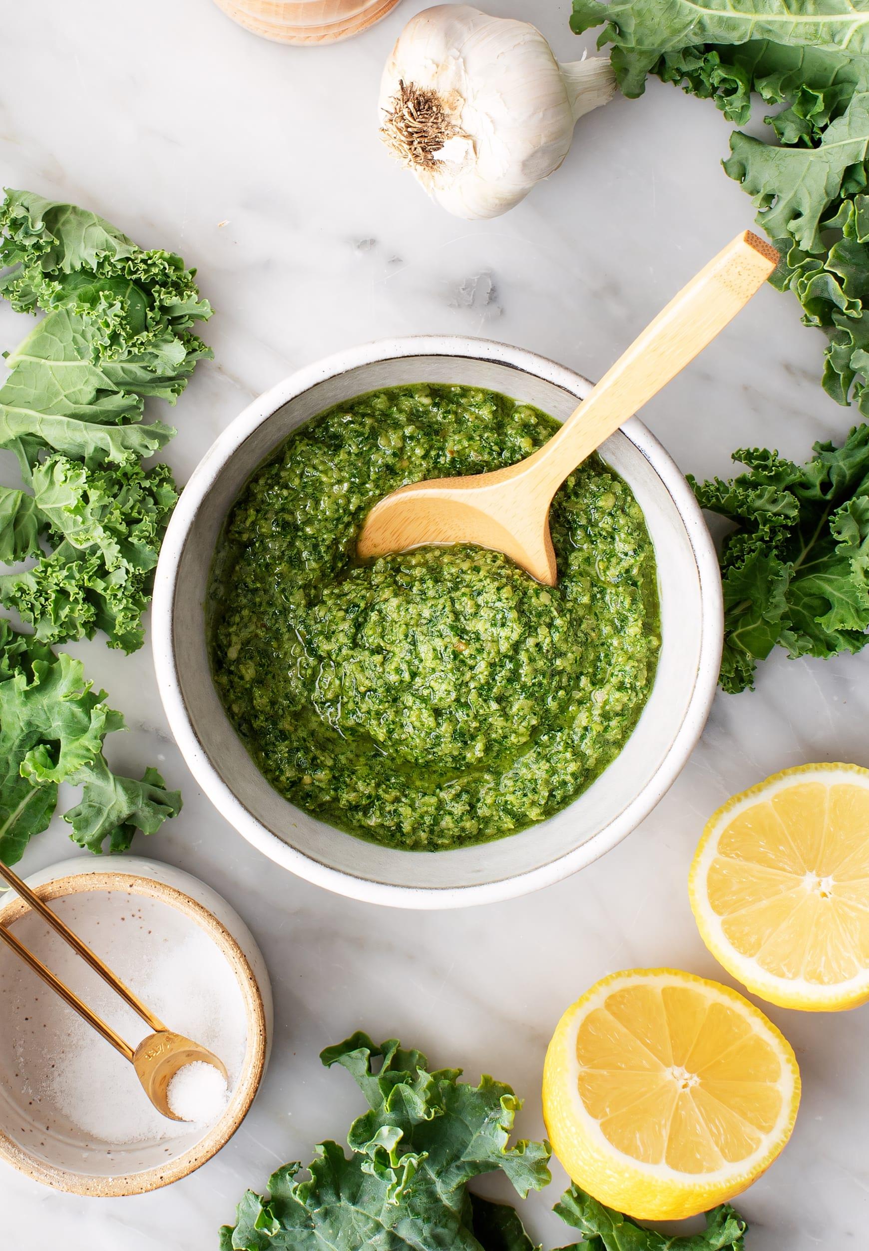 a bowl of freshly made kale pesto
