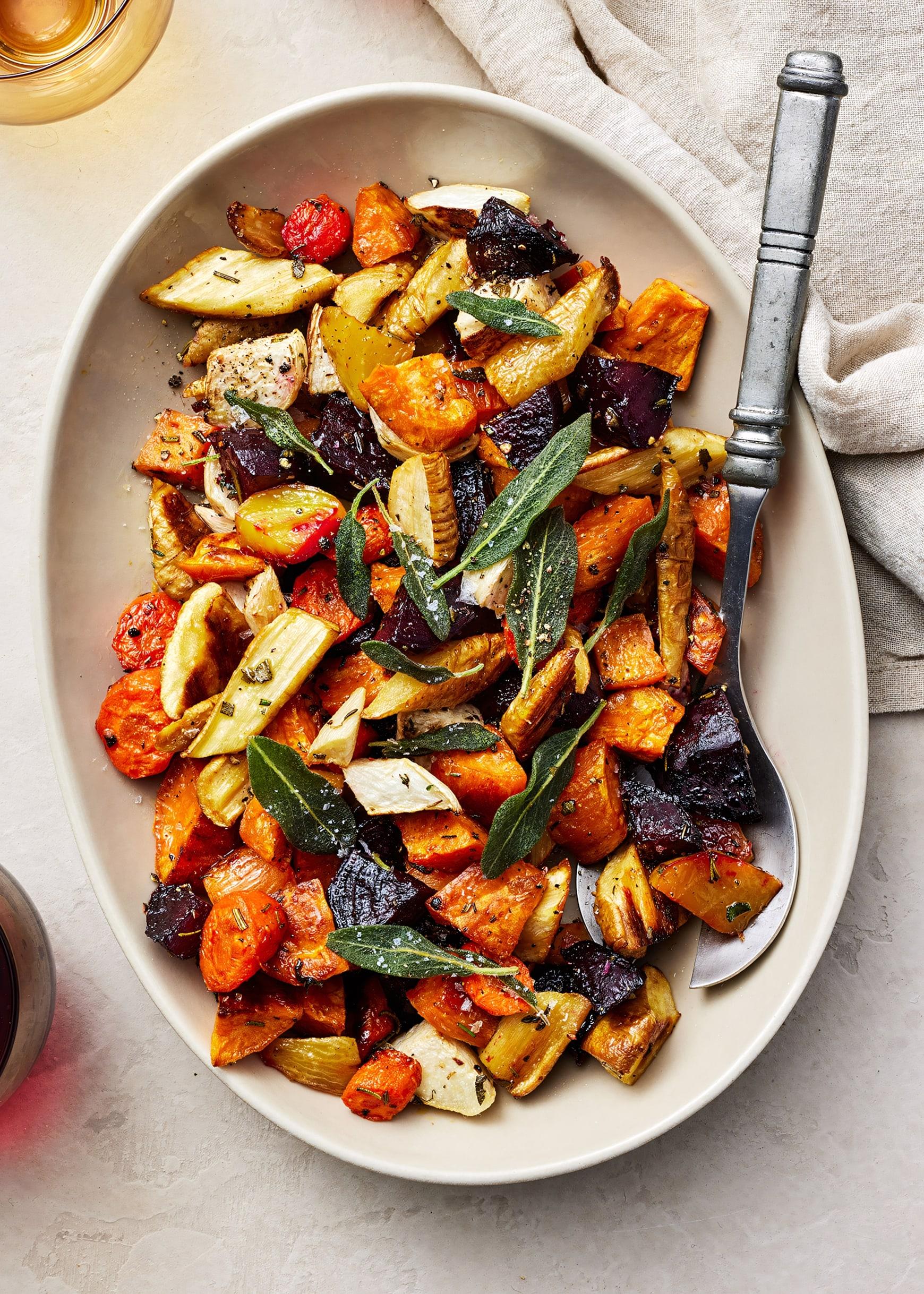 plated roasted root vegetables with herbs