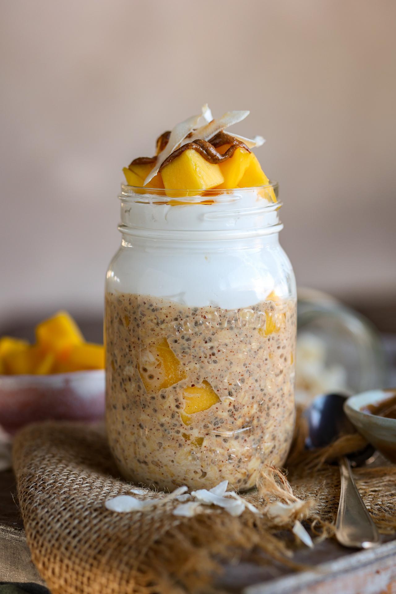 Tropical overnight oats with mango and coconut