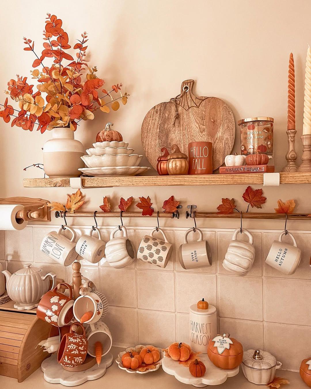 Cozy kitchen scene with autumn decor, baking ingredients for pumpkin bread, and a warm glow