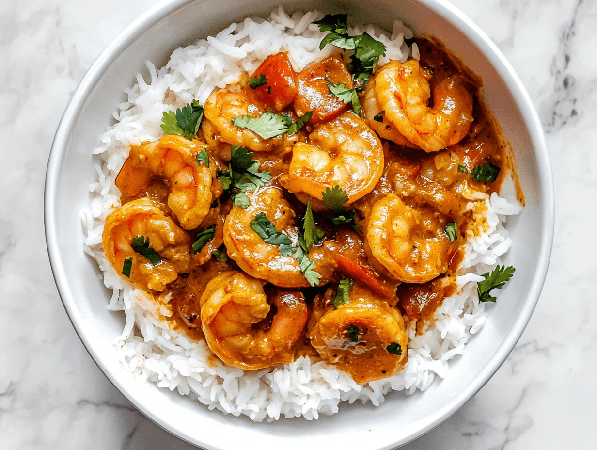 A vibrant image showcasing the final dish: seared shrimp glistening with a rich coconut curry sauce, garnished with fresh herbs