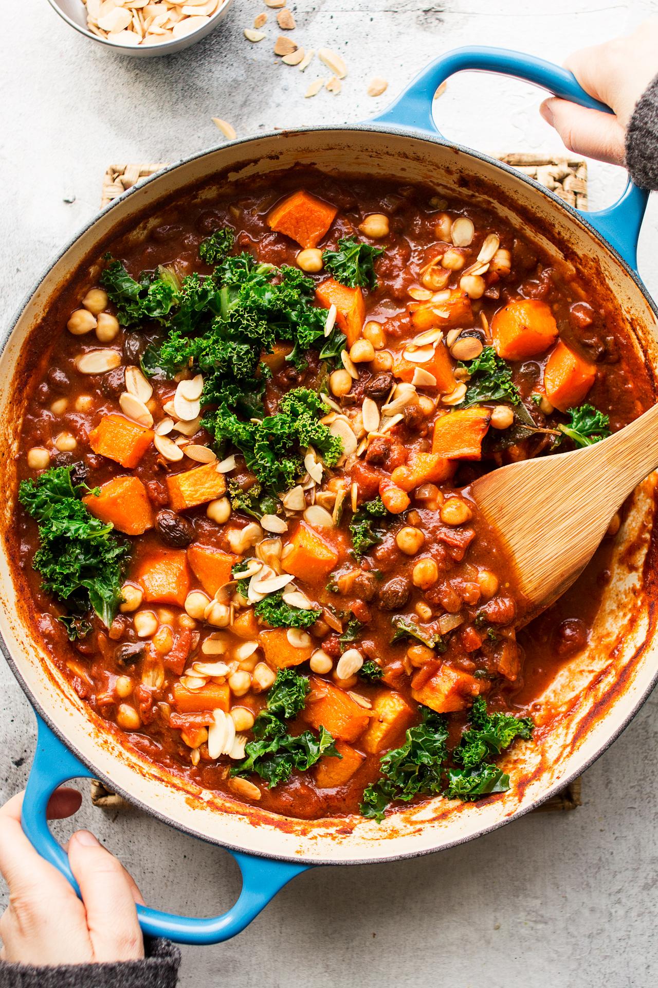 Vegetarian Tagine with Butternut Squash and Chickpeas, close-up shot showing vibrant colors and textures