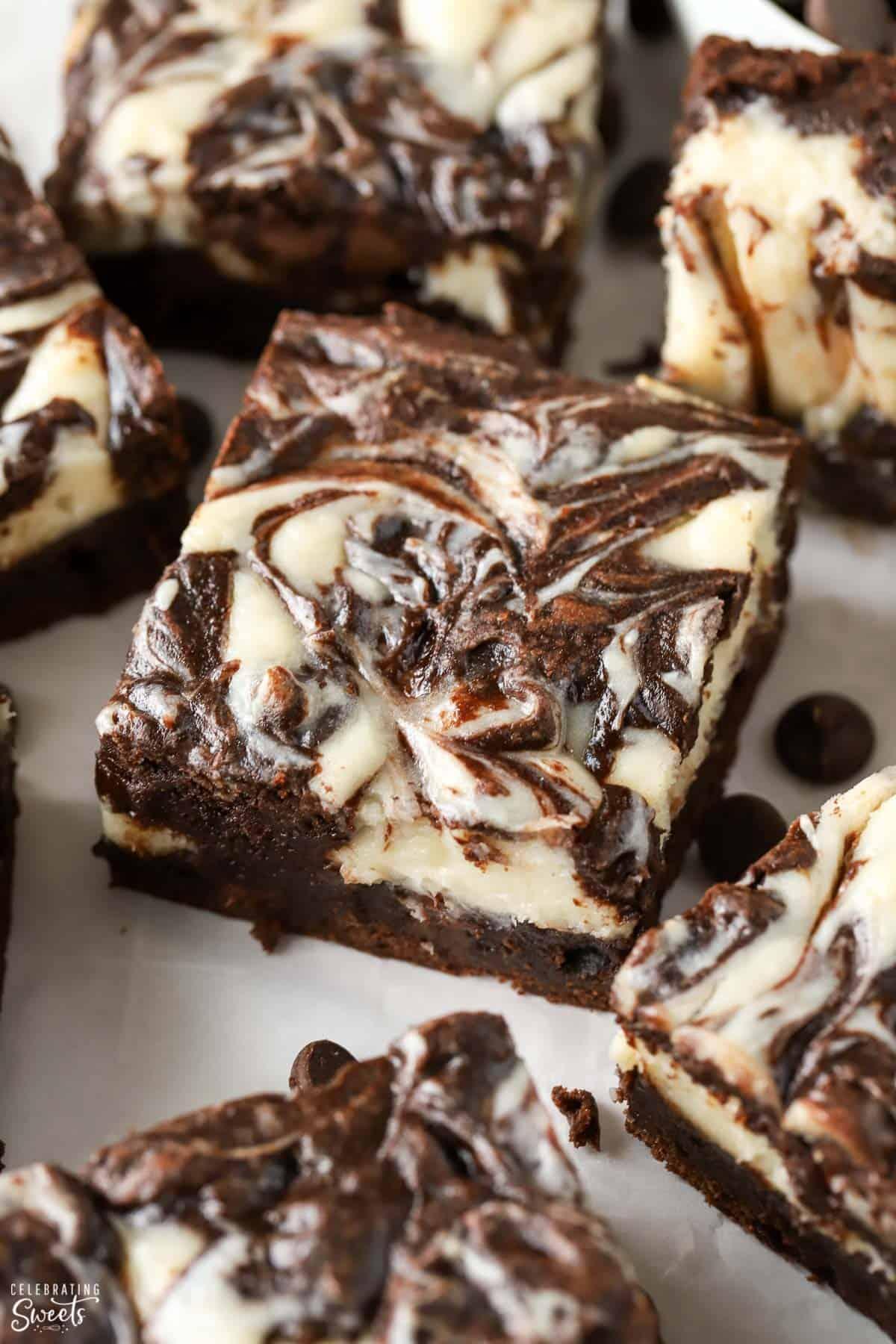 overhead shot of gingerbread brownies with cream cheese swirl