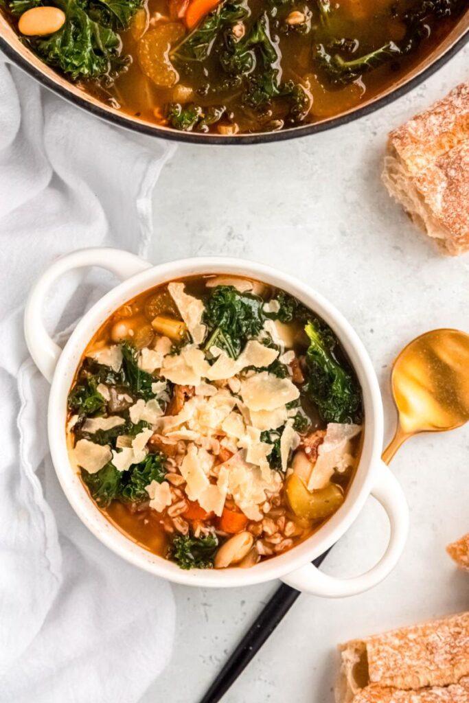 Close-up shot showcasing the texture and ingredients of the Tuscan white bean and farro grain bowl