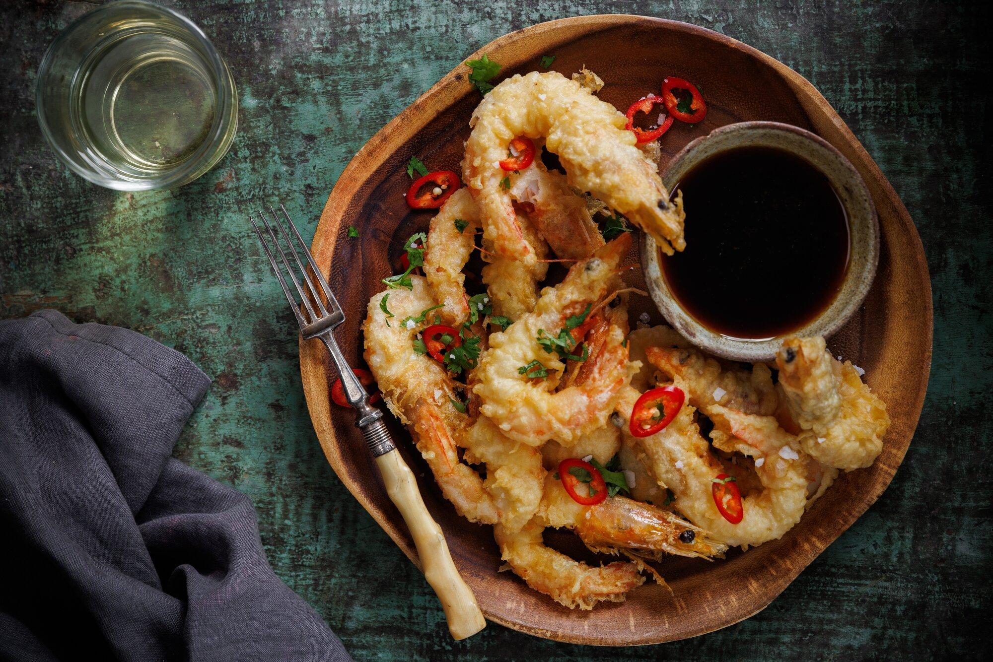 Bufflehead Tempura with Shrimp served with dipping sauce and lemon wedges