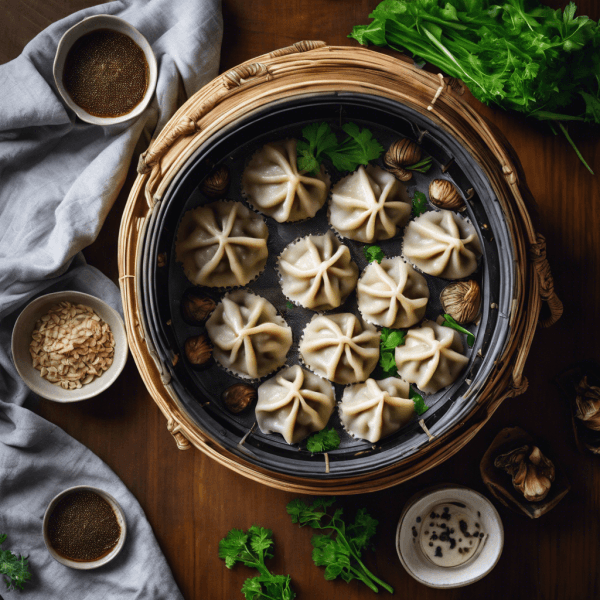 Steamed dumplings arranged on a plate, drizzled with truffle oil