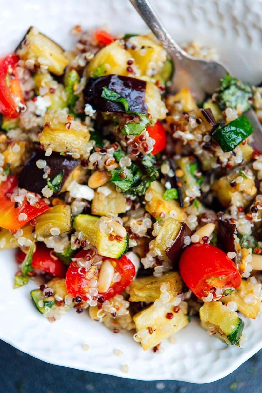 Mediterranean quinoa salad with roasted vegetables and feta