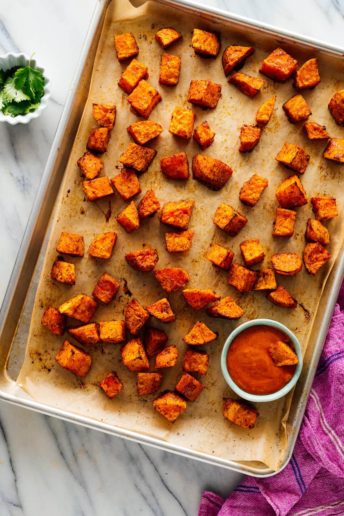 Close up shot of perfectly roasted sweet potatoes