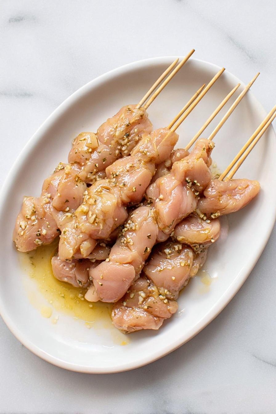 Close-up of grilled marinated chicken pieces with visible char marks, next to a bowl of creamy homemade tzatziki