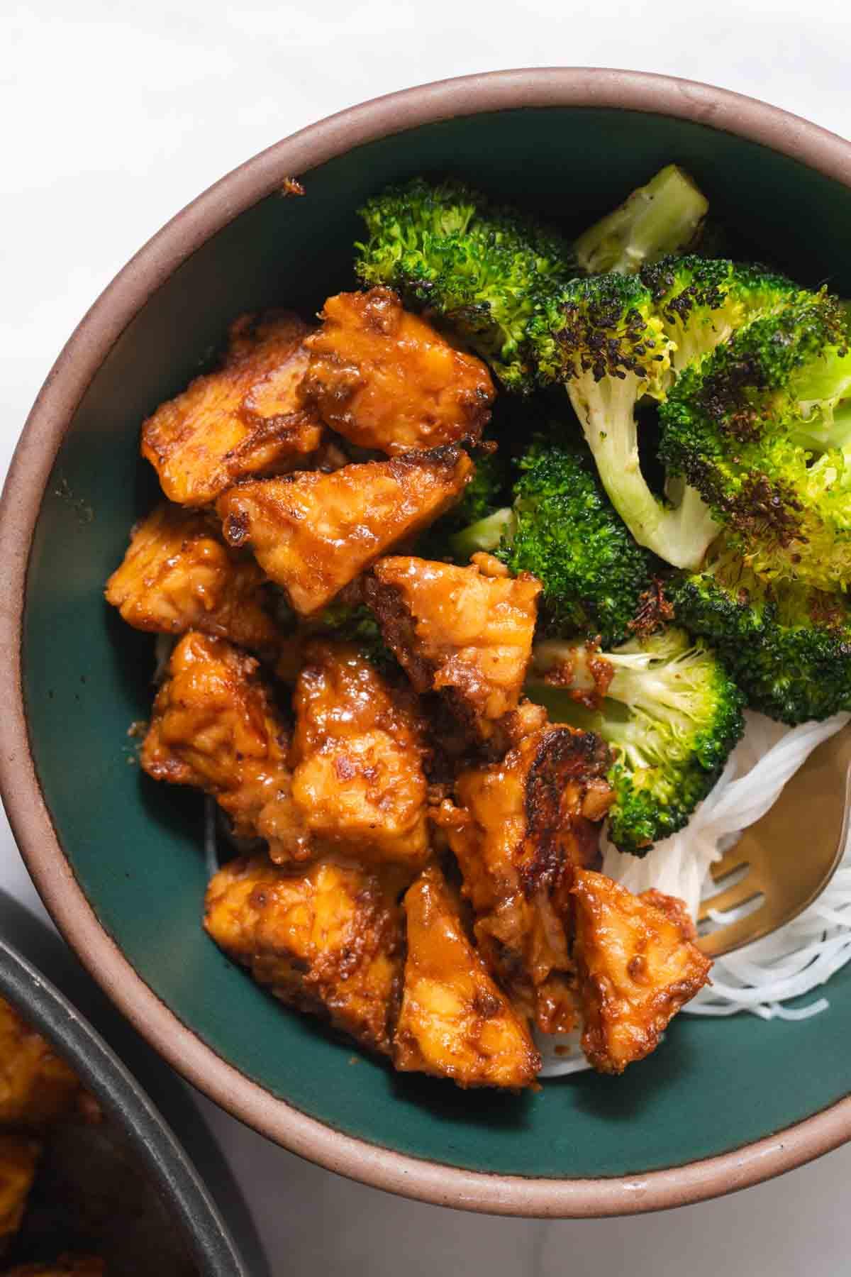 close-up shot of the crispy peanut tempeh in a skillet