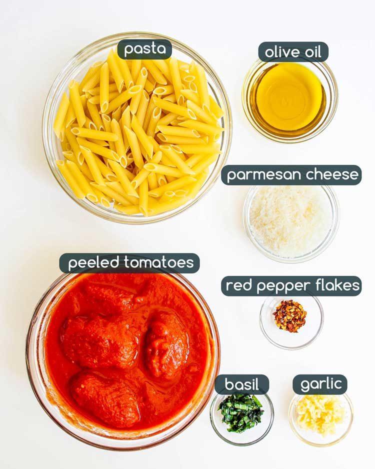 Ingredients for Arrabbiata Ramen laid out on a table, overhead shot