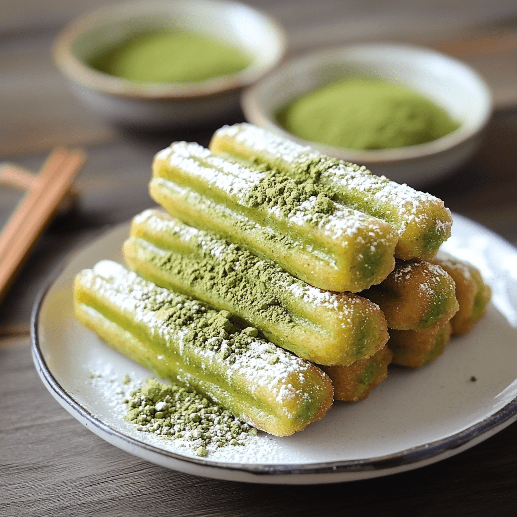 a plate of freshly made matcha churros dusted with sugar