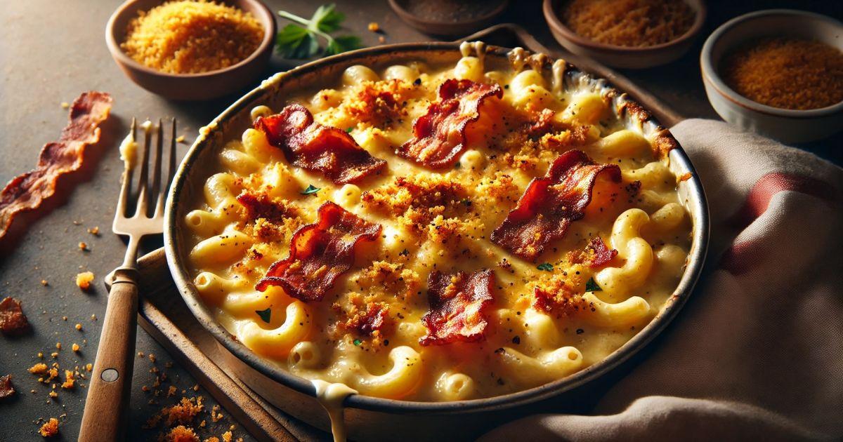 A golden-brown, bubbly 9x13 inch baking dish of cheesy bacon mac and cheese, garnished with bacon bits and parsley.